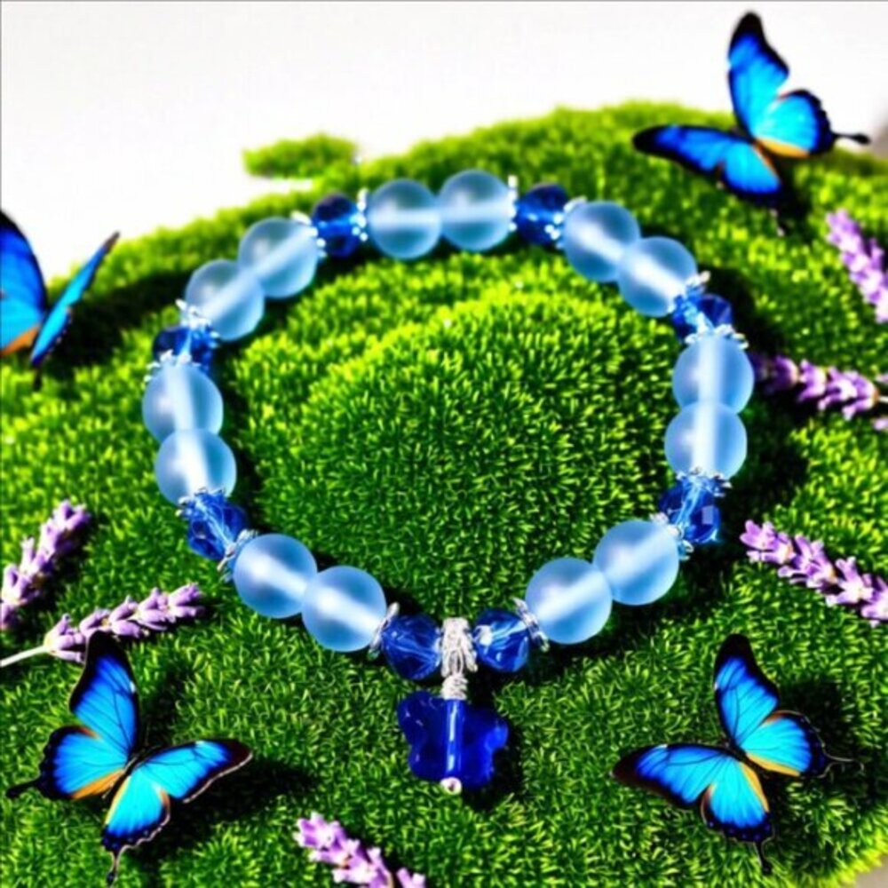 Blue Butterfly - Beaded Stretch Bracelet 4 Girls 5.5-6" Wrists!